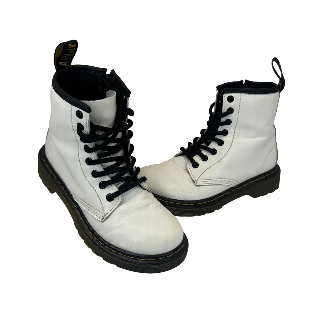 Dr‎ Martens 1460 J Kids White Leather Combat Boots Youth US 12 EU 29 Lace Up